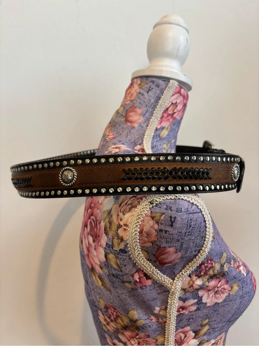 Western Studded Tooled Black Leather Belt with Silver Buckle